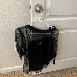 Anthropologie Black Sheer Puff Sleeve Tie Front Blouse